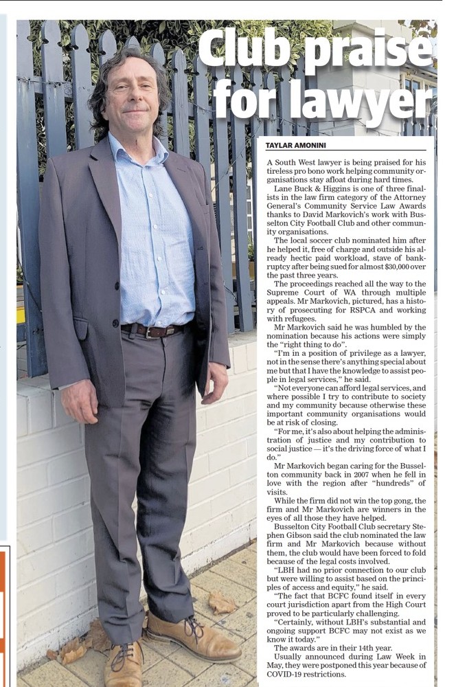 Busselton Dunsborough Times article headlined Club praise for lawyer, featuring David Markovich, 4 June 2021